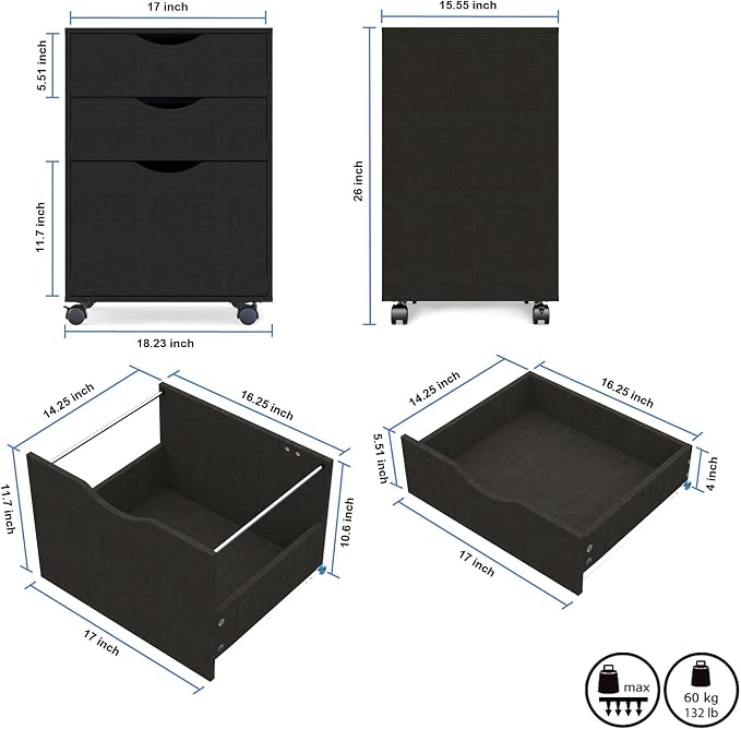 QDSSDECO 3 Drawer Mobile File Cabinet, Rolling Vertical Filing Cabinet fits A4 - Image 3