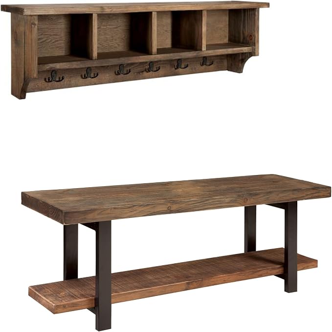 Pomona Solid Wood Entryway Bench and Coat Rack Set, Rustic Brown, 48 Inch | - Image 7