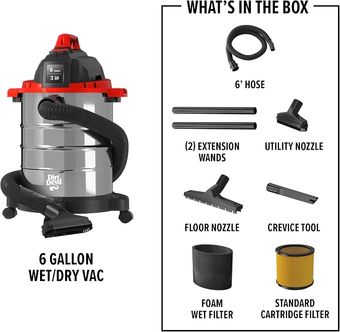 Dirt Devil 6 Gallon Corded Wet Dry Shop Vacuum, Heavy Duty Vacuum - Image 7