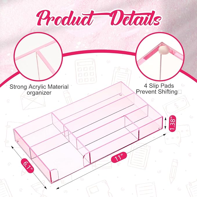 Translucent Pink Acrylic Desk Drawer Organizer 11 x 6.1 x 1.38 Inch Storage - Image 2