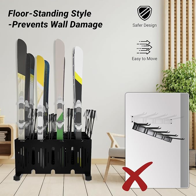 12-Pair Ski Storage Rack w/Width-Adjustable Fixing Bars, Heavy Duty Metal - Image 5