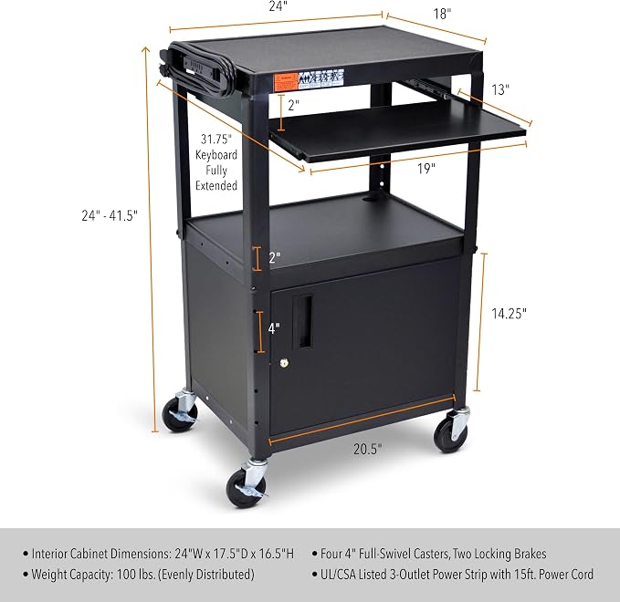 Stand Steady AV Cart with Locking Cabinet, Adjustable Height, UL Certified - Image 6