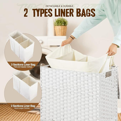 Greenstell Laundry Hamper with Lid, 125L Large Clothes Hamper with 3 Section & - Image 2