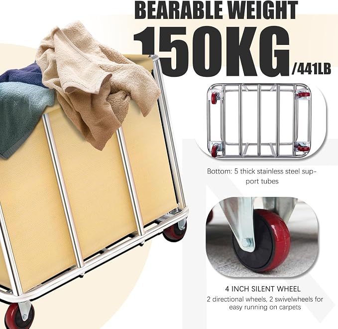 Commercial Laundry Cart with Wheels, 11.35 Bushels Large Roller with Removable - Image 3