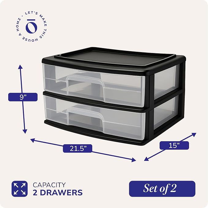 HOMZ 2-Pack Drawer Storage Cart, 2-Tier Wide Clear Plastic Organizer, and - Image 3