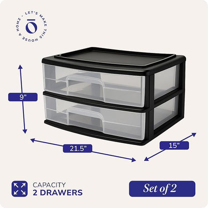 HOMZ 2-Pack Drawer Storage Cart, 2-Tier Wide Clear Plastic Organizer, and - Image 3