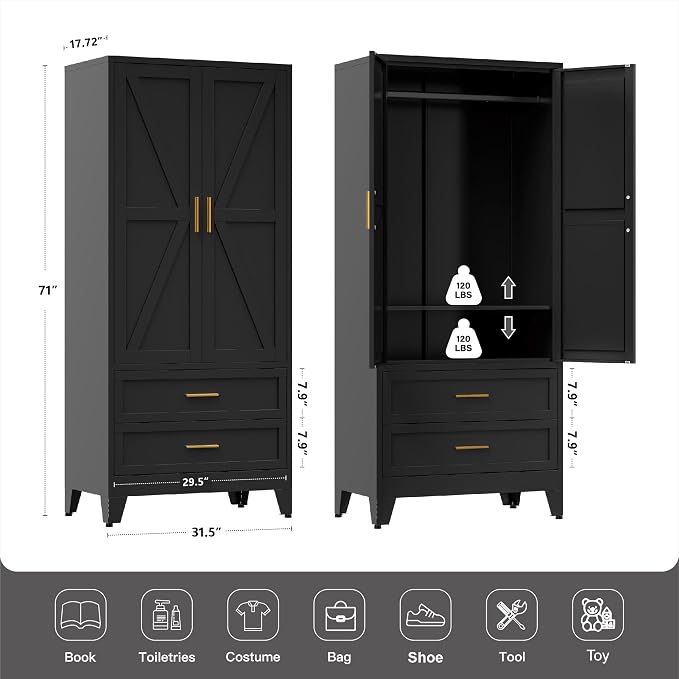 71" Tall Metal Wardrobe Cabinet - Image 3