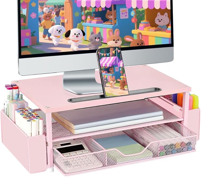 AUPSEN Pink Desk Organizers and Accessories, 2-Tier Wood Computer Monitor Stand by AUPSEN