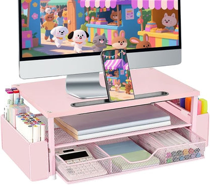 AUPSEN Pink Desk Organizers and Accessories, 2-Tier Wood Computer Monitor Stand by AUPSEN