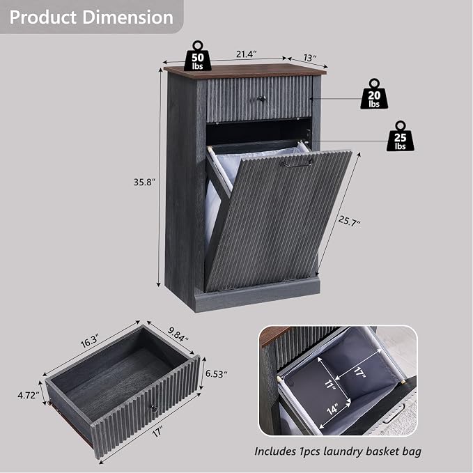 Modern Tilt-Out Laundry Hamper Cabinet, 10 Gallon Fluted Trash Can Cabinet - Image 2
