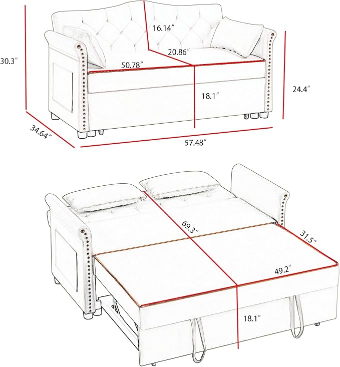 hansones 65'' 3-in-1 Folding Sofa Bed – Queen Size Pullout, Modern Chenille - Image 2