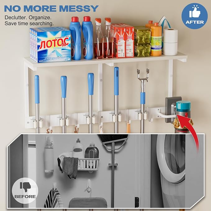 Broom Holder Wall Mount with Cleaning Supplies Organizer, Laundry Room - Image 5