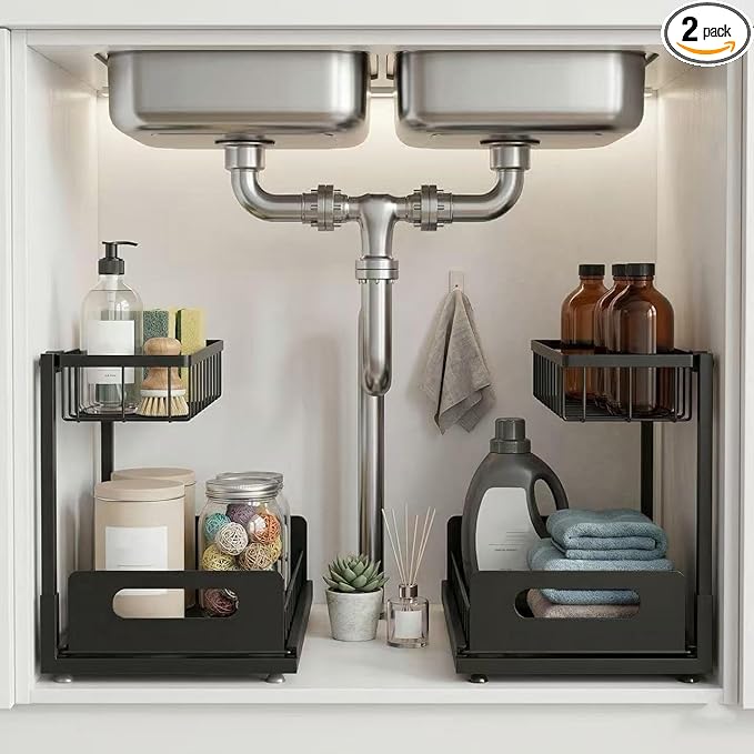 Sturdy Metal Under Sink Organizer 2 Tier, Pull Out Drawer Slides Under Sink by MERATIA