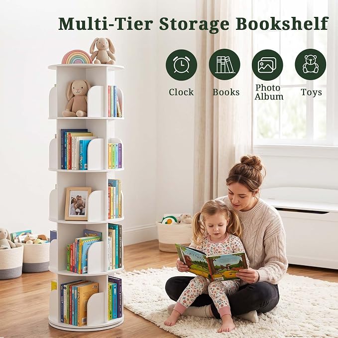 5 Tier Rotating Bookshelf Tower, Round Spinning Bookshelf | 360°revolving - Image 7