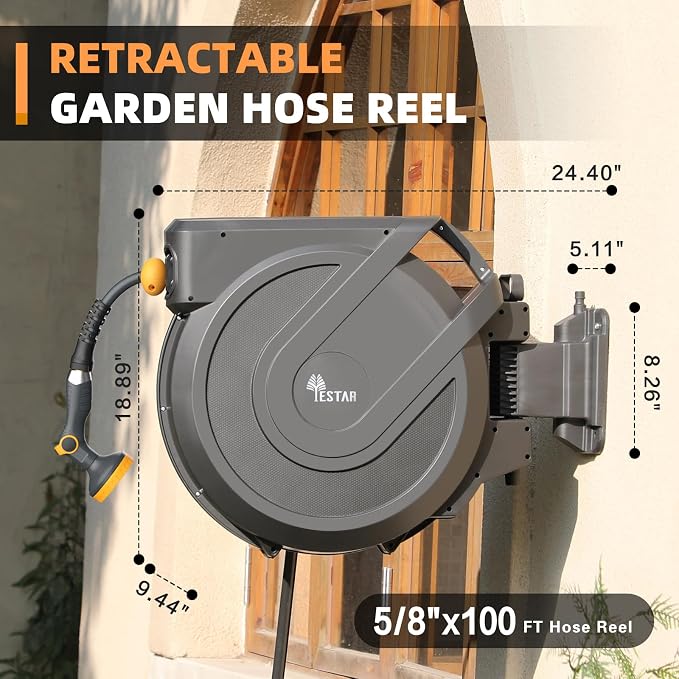 Retractable Garden Hose Reel 5/8 in x100 ft, Heavy Duty Wall Mounted Hose Reel - Image 8