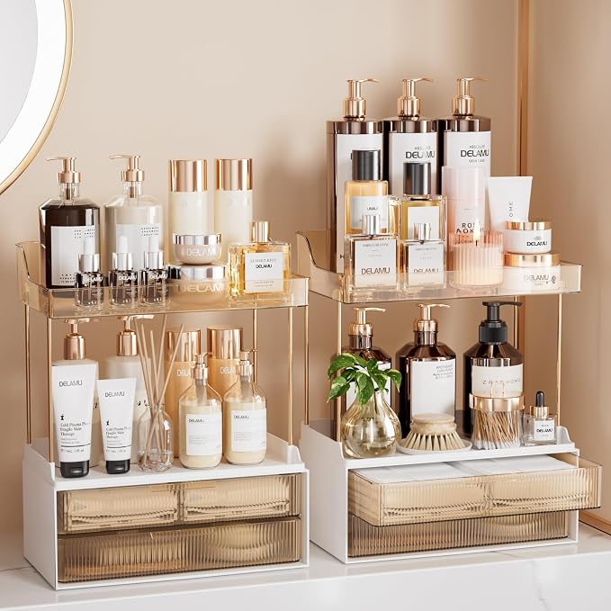 Delamu 4-Tier Makeup Organizer, Bathroom Counter, 2 Drawers, Amber 2Pack | by DELAMU