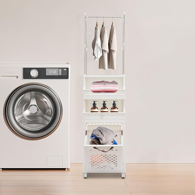 Rolling Laundry Hamper with Hanging Rod, 3-Tier Laundry Hamper Cart with 6 Hooks - Image 4