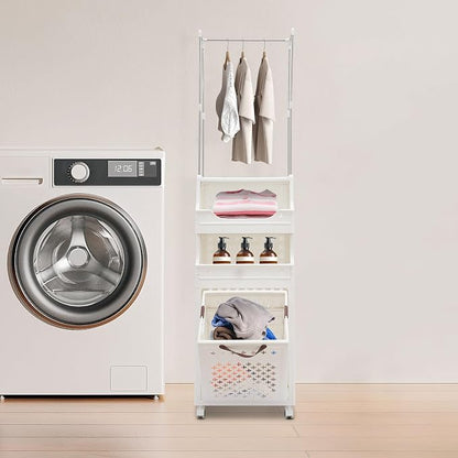 Rolling Laundry Hamper with Hanging Rod, 3-Tier Laundry Hamper Cart with 6 Hooks - Image 4