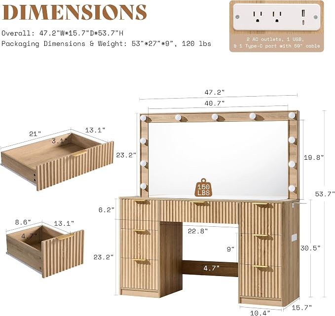 AMERLIFE 47.2" Fluted Vanity Desk - Image 3
