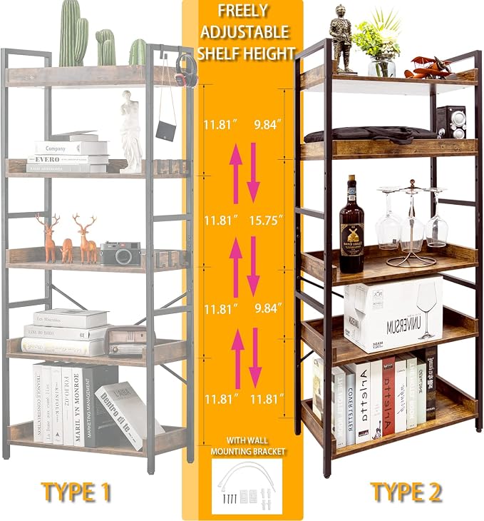 HCHQHS Adjustable 5 Tier Open Bookcase, Rustic Farmhouse Book Shelves, - Image 4