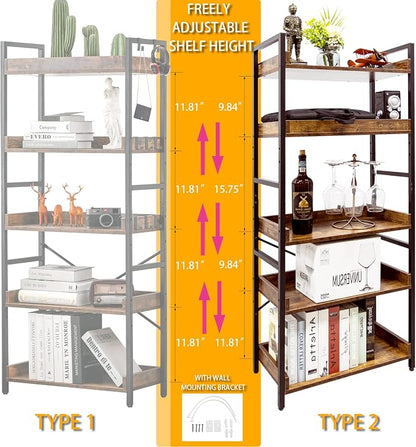 HCHQHS Adjustable 5 Tier Open Bookcase, Rustic Farmhouse Book Shelves, - Image 4