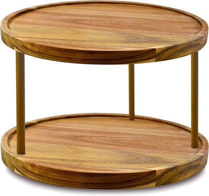 10" Two-Tier Acacia Wood Lazy Susan Organizer Kitchen Turntable by AUAM