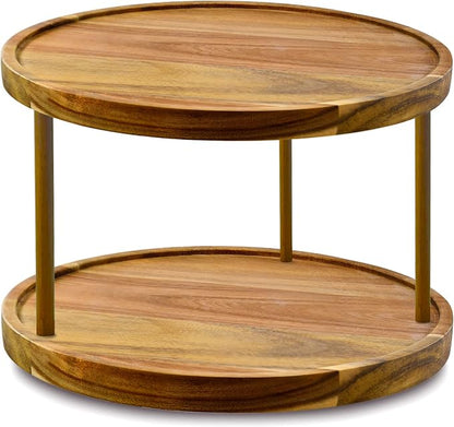 14" Two-Tier Acacia Wood Lazy Susan Organizer Kitchen Turntable by AUAM