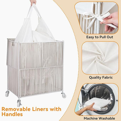WOWLIVE Laundry Hamper with Wheels, Handwoven Rolling Laundry Basket with Lid - Image 5