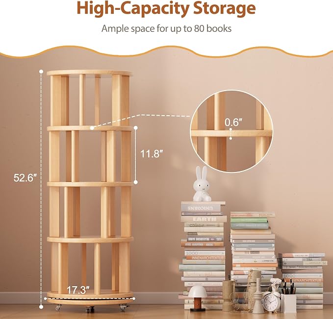 Solid Wood Rotating Bookshelf on Wheels, 4 Tier, Round Revolving Bookcase - Image 2