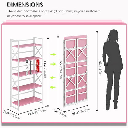 4NM 5 Tiers No Assembly Book Shelves, 51.2" H Folding Bookshelf Bookcase Open - Image 2