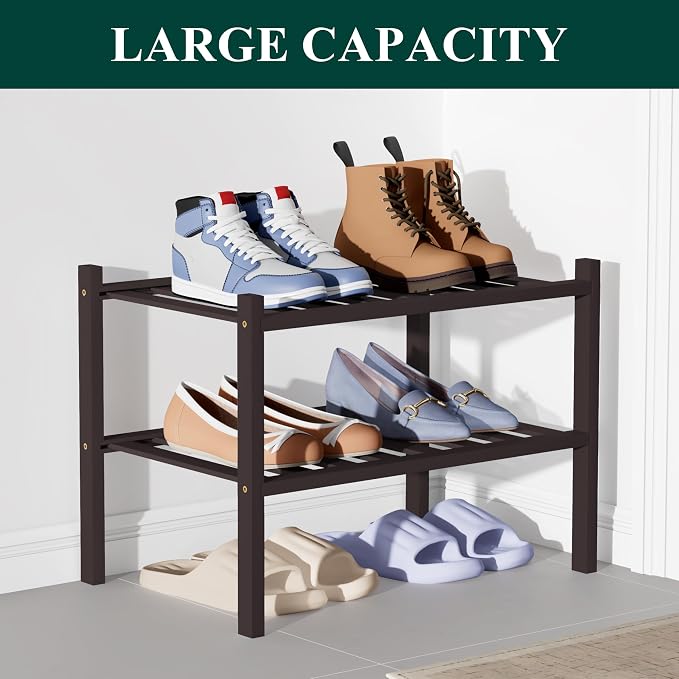 Smiry Bamboo Shoe Rack for Closet, 2 Tier Small Wooden Stackable Shoe Organizer - Image 5
