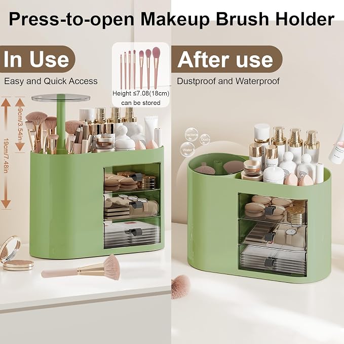 DASITON Makeup Organizer with 3 Drawers, Automatic Lifting Makeup Brush Holder - Image 4