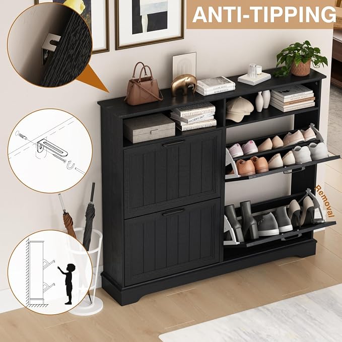 Shoe Storage Cabinet with 4 Flip Drawers, Farmhouse Modern Hidden Shoes Rack - Image 5
