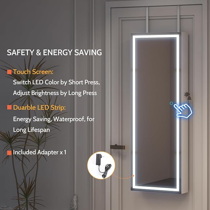 LVSOMT LED Mirror Jewelry Cabinet, Wall/Door Mount Jewelry Armoire Organizer - Image 8