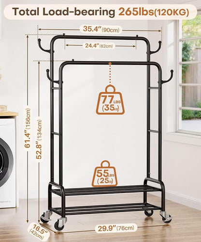 Homde Heavy Duty Clothes Rack: 265lb Rolling Double Rod Garment Hanging - Image 2