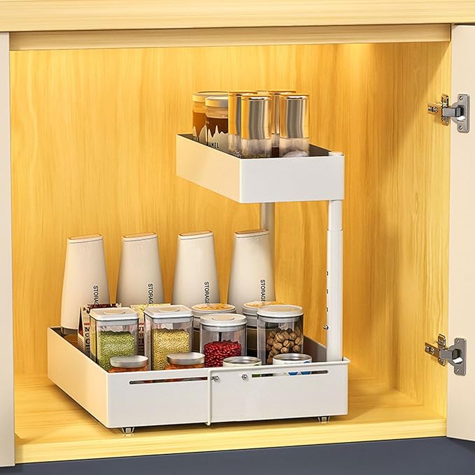 Under Sink Organiser, 2 Tier Pull Out Cabinet Organiser, Height Adjustable Out - Image 7