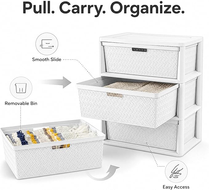 Wide 3-Drawer Decorative Organizer Chest, Ergonomic Pull Handles, Opaque Bins - Image 6