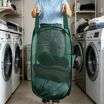 Larpur Pop Up Laundry Hamper Collapsible Mesh Clothes Basket, Dark Green | - Image 4