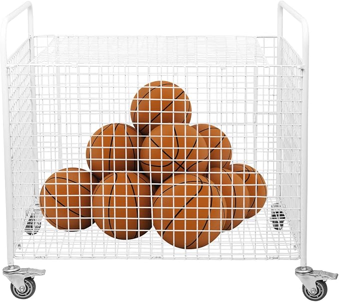 Metal Basketball Rolling Cart Sports Equipment Storage Wheel Basket White - Image 2