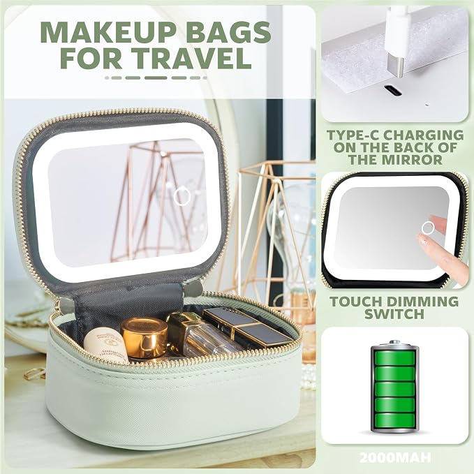 Small Makeup Bag with Led Mirror, Mini Travel Make up Bag 3 Light Modes - Image 3