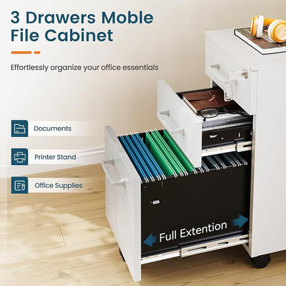 MIIIKO White Filing Cabinet 3 Drawers Under Desk, Metal File Cabinet - Image 5