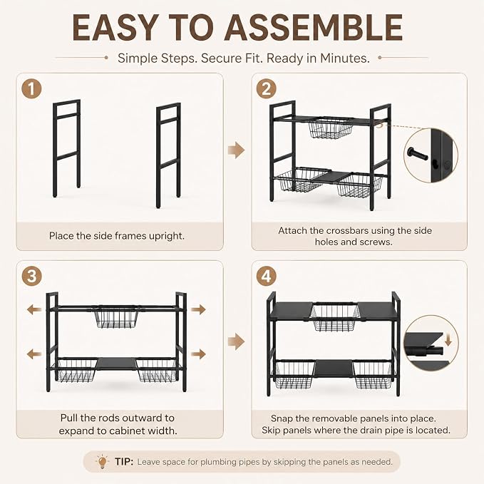 Expandable Under Sink Organizer, 2 Tier Under Sink Shelf, Height Adjustment - Image 3