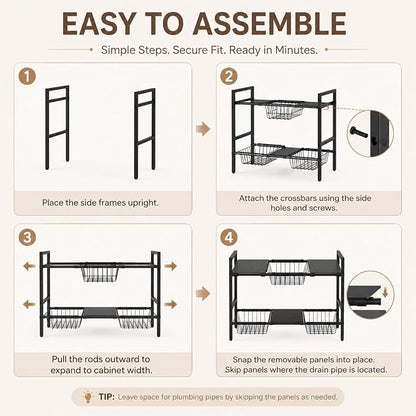 Expandable Under Sink Organizer, 2 Tier Under Sink Shelf, Height Adjustment - Image 3