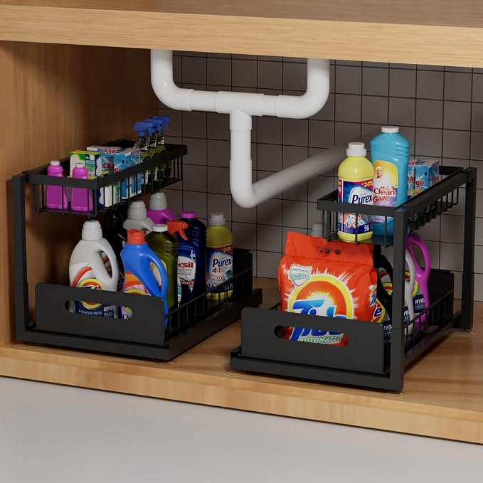 2-Tier Under Sink Slide Out Organizer, 2 Pack Pull Out Cabinet Storage Shelf by Lxmons
