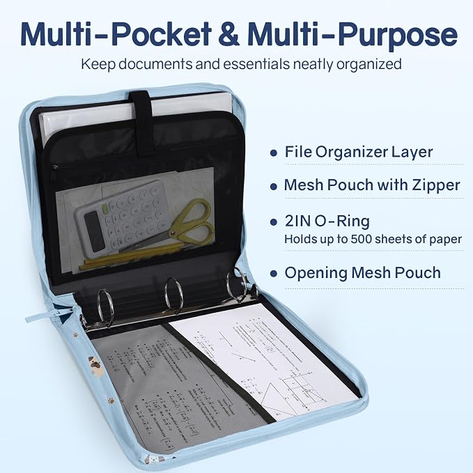 SUNEE Zippered Binder Bag with Handle, 2-Inch 3-Ring O-Ring, 500-Sheet Capacity - Image 3