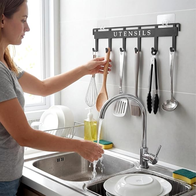 Kitchen Utensil Hanger Wall Mount Kitchen Utensil Holder Organizer Rack Rail - Image 2