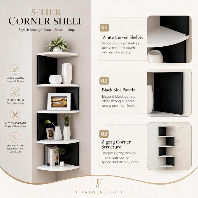 No-Drill Corner Shelf Wall Mount, 5-Tier Floating Corner Bookshelf - Image 4