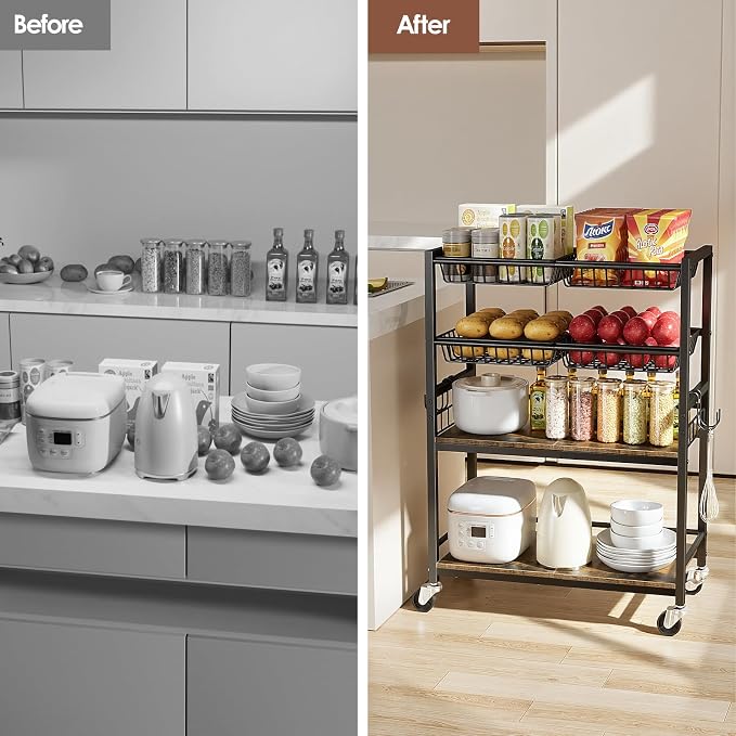 Kitchen Storage Cart, 4 Tier Utility Rolling Snack Cart, Fruit & Vegetables - Image 2