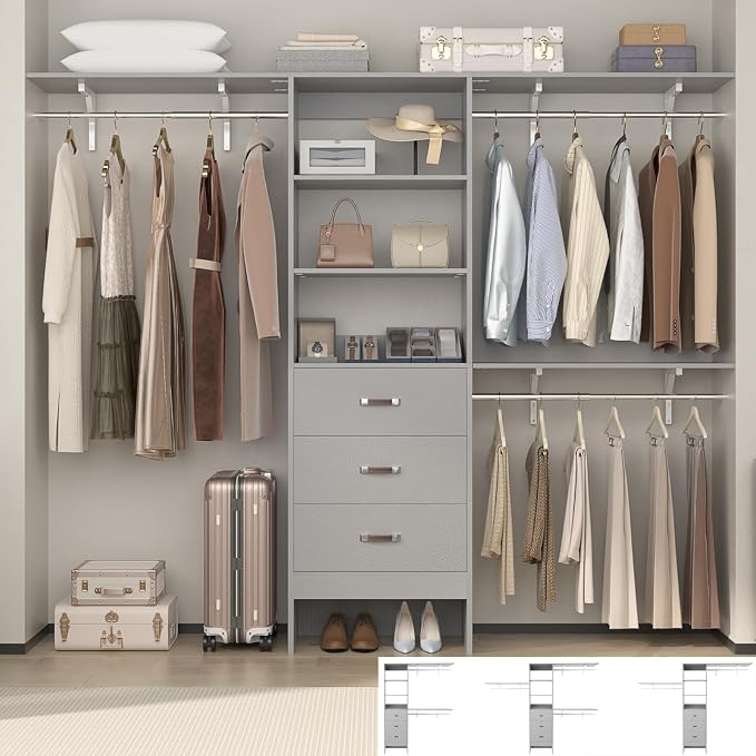 Closet System with 3 Drawers - 8FT Wood Closet Organizer with 3 Shelving Tower by Besiost