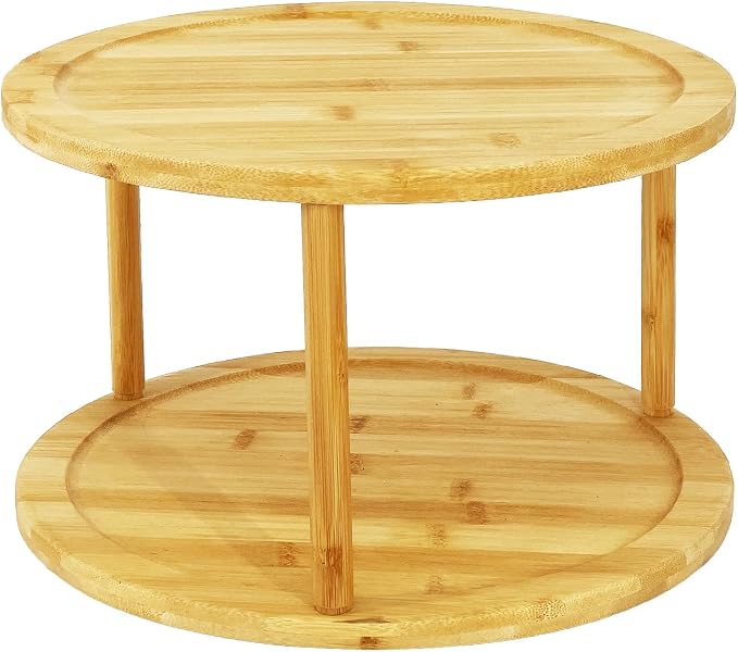 Wood Lazy Susan Organizer Bamboo 2-Tier Rotating Storage Rack – 360° Turntable by Vilnemenes